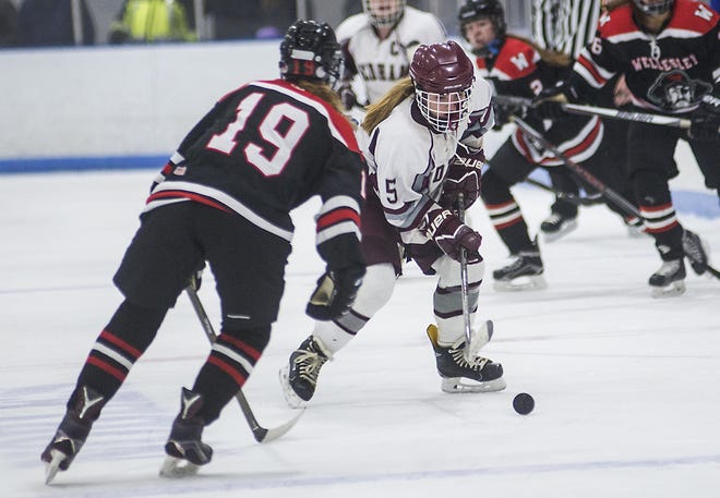 Dedham senior Sarah Stapleton (r) looks to move the puck past Wellesley freshma Erin Fleming, during Saturday afternoon's game. Wicked Local Photo/Sean Browne