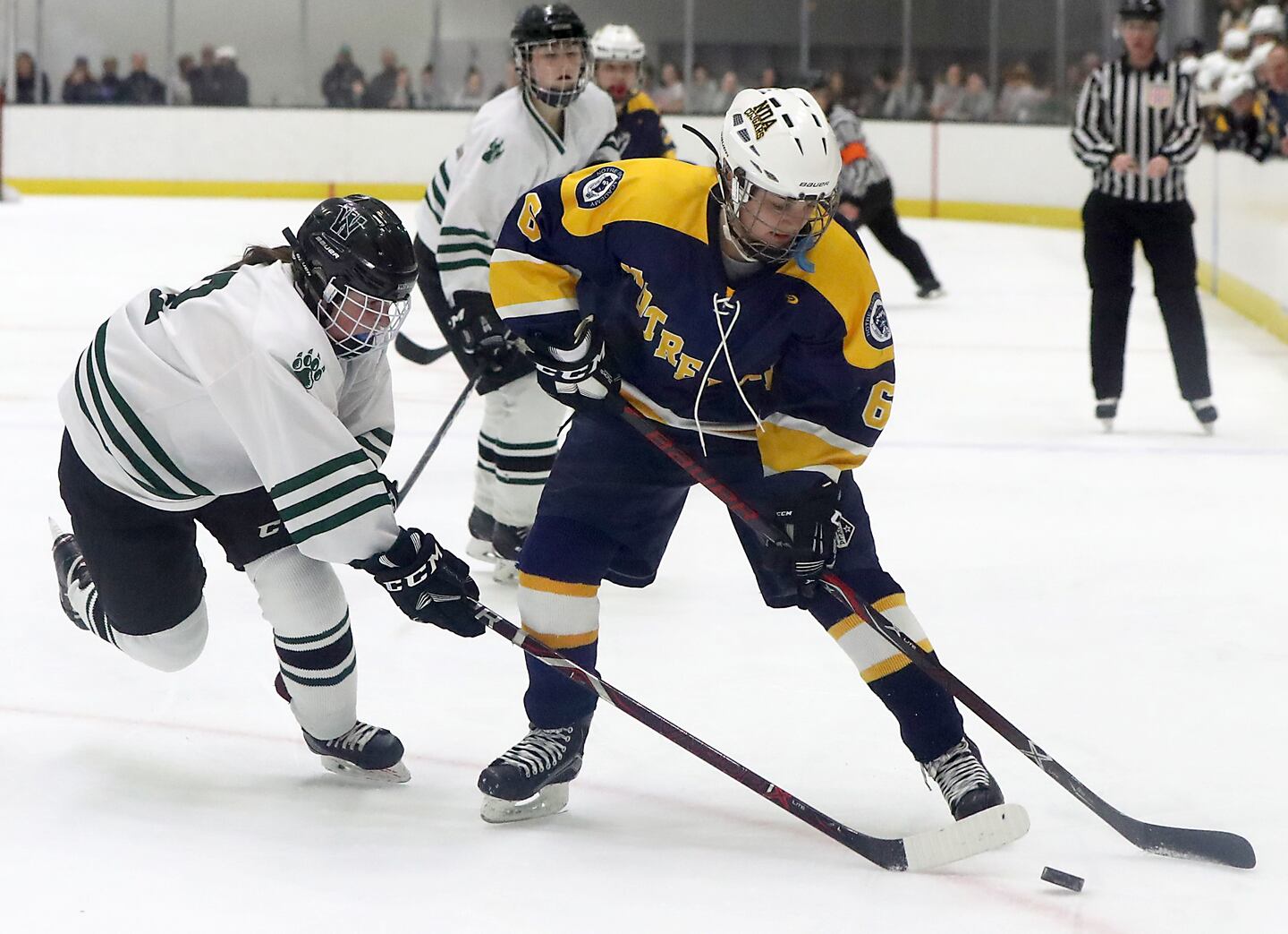 Westwood’s Robin MacAusland (left) reaches in to take the puck from Notre Dame-Hingham’s Alexa Graziano.