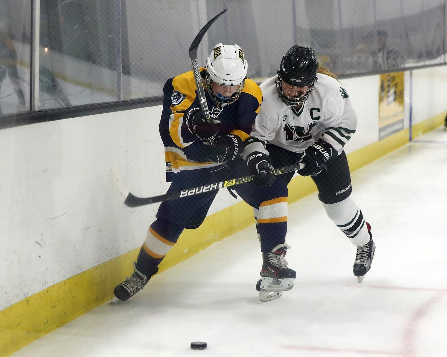 Notre Dame-Hingham’s Caelan Stewart (left) gets tangled with Westwood’s Kat Keith along the boards.