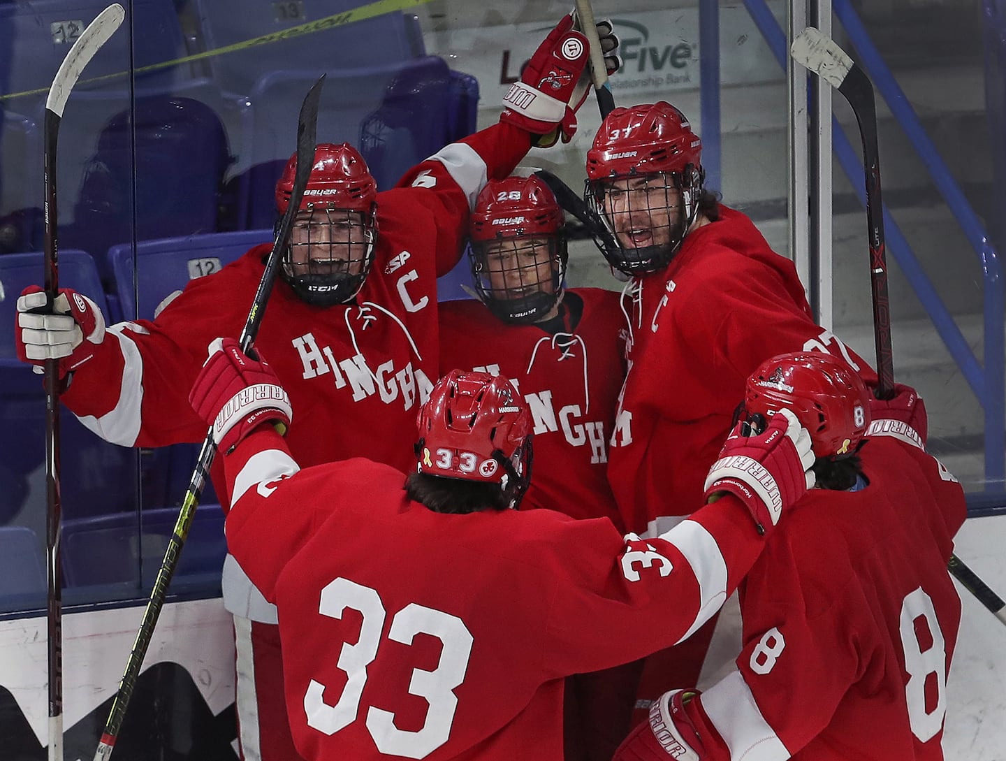 Hingham's Jake Higgins (back left) and Will Kenney (back right) are scheduled to skate at Canton Ice House.