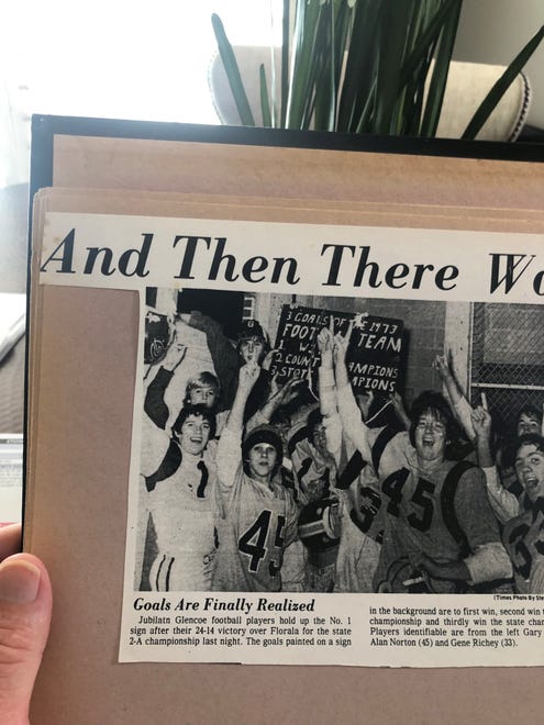 A Gadsden Times newspaper clipping celebrating the Glencoe 1973 state championship football team.