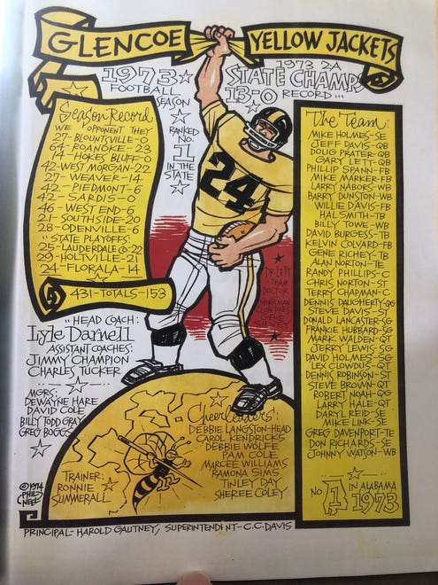 A graphic design celebrating the Glencoe 1973 state championship football team.