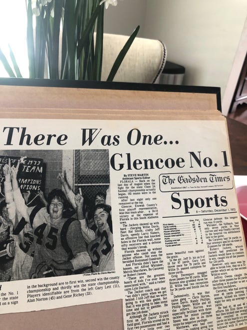 A Gadsden Times newspaper clipping celebrating the Glencoe 1973 state championship football team.