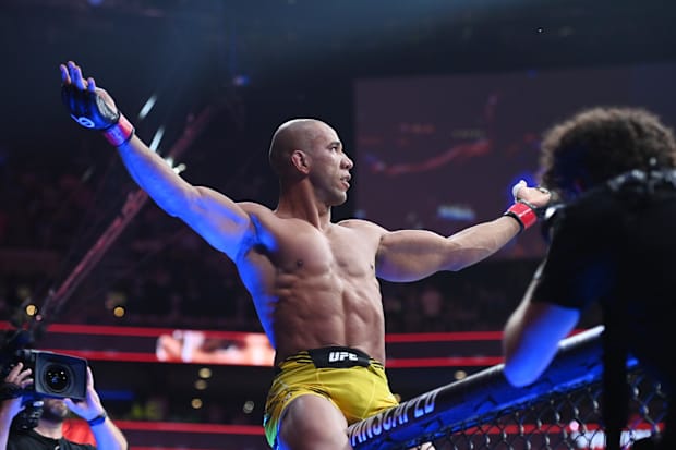 Gregory Rodrigues reacts after defeating Denis Tiuliulin during UFC 292 at TD Garden.