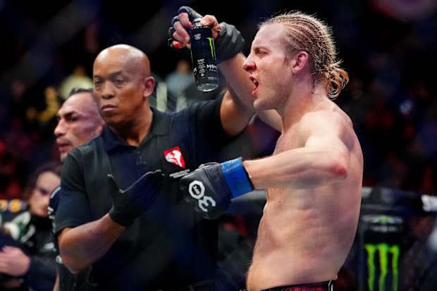 Paddy Pimblett reacts after defeating Tony Ferguson during UFC 296 at T-Mobile Arena.