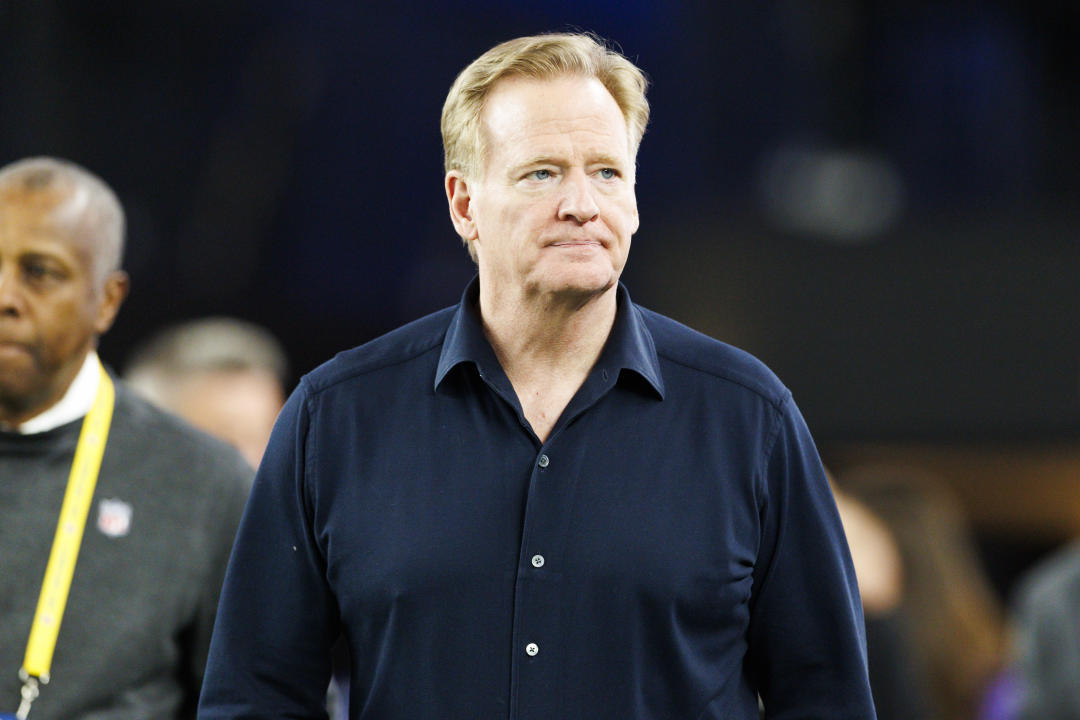 GLENDALE, ARIZONA - JANUARY 13: Roger Goodell of the NFL on the sideline before the NFC Wild Card Playoff game between the Minnesota Vikings and the Los Angeles Rams at State Farm Stadium on January 13, 2025 in Glendale, Arizona. (Photo by Ric Tapia/Getty Images)