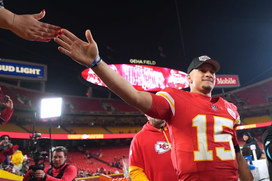 Kansas City Chiefs quarterback Patrick Mahomes celebrates as he heads off the field following an NFL football game against the Los Angeles Chargers Sunday, Dec. 8, 2024, in Kansas City, Mo. The Chiefs won 19-17. (AP Photo/Charlie Riedel)