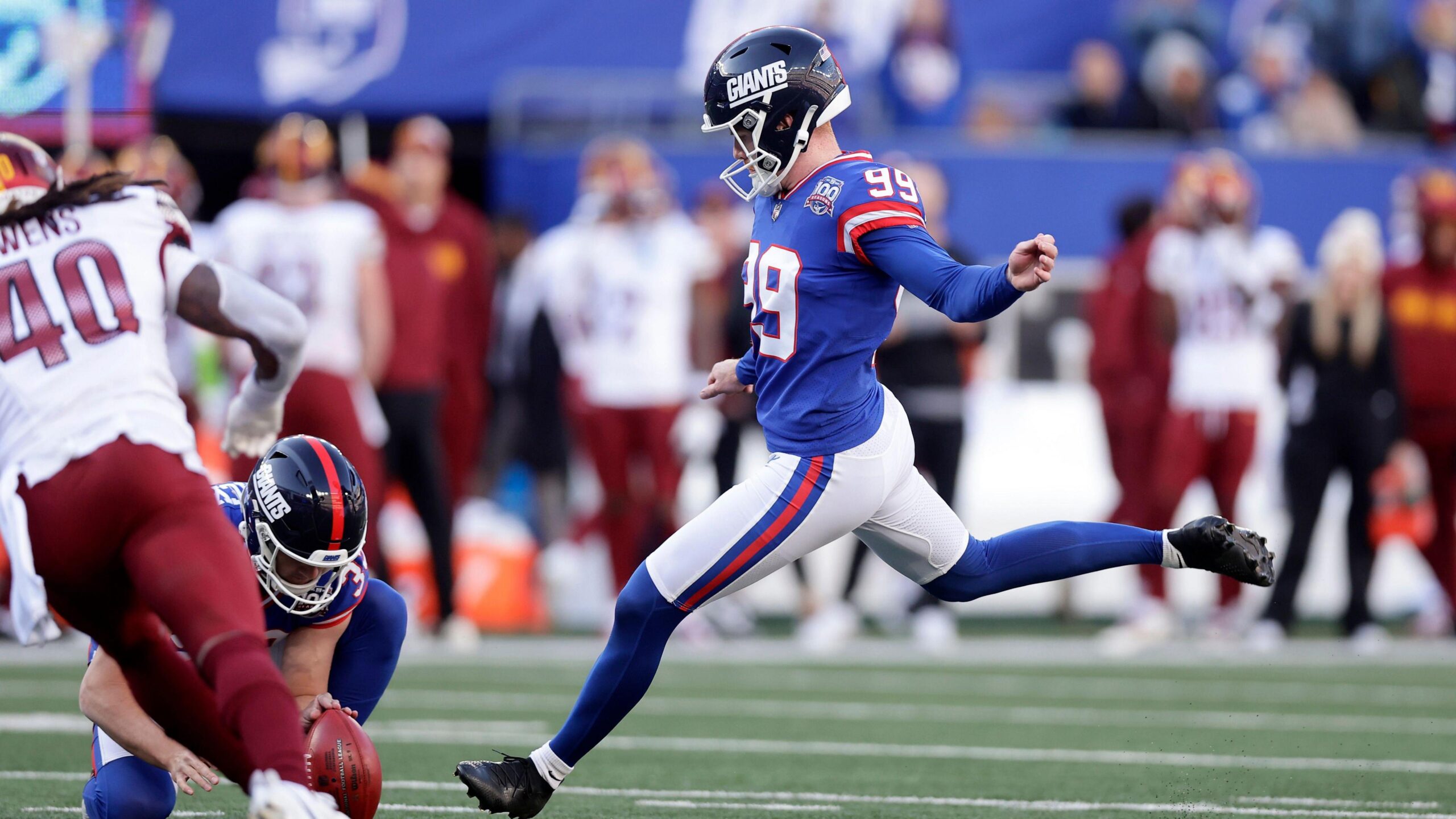 Jude McAtamney makes a kick against the Washington Commanders