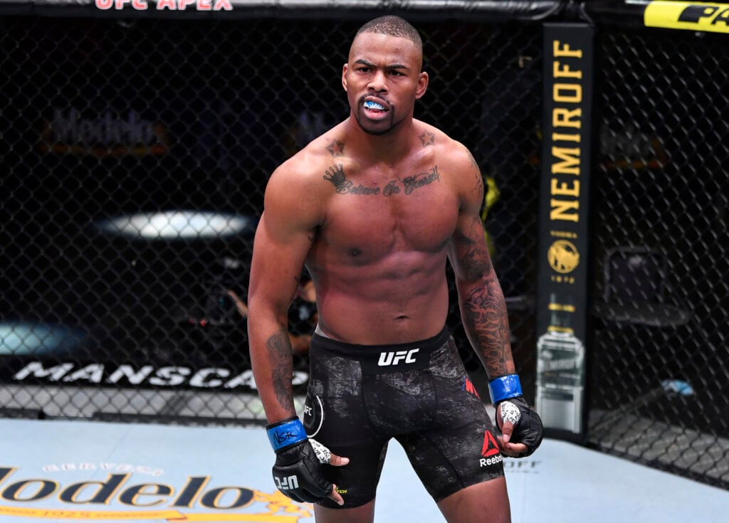 Khaos Williams reacts after his knockout victory over Abdul Razak Alhassan in a welterweight fight during the UFC Fight Night event at UFC APEX on ...