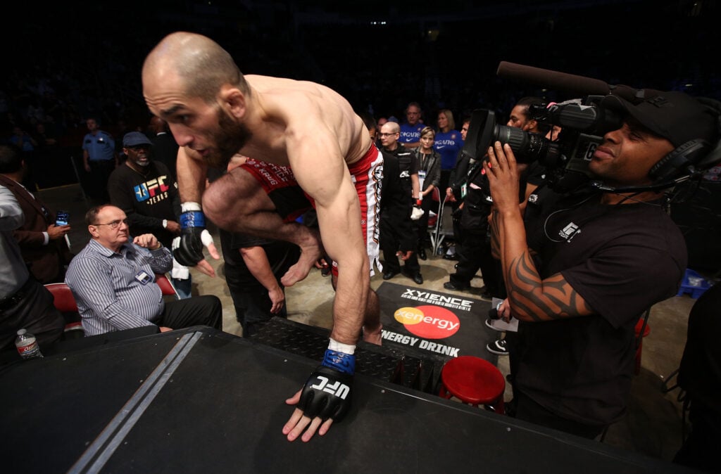 Adlan Amagov enters the Octagon before facing TJ Waldburger (not pictured) in their UFC welterweight bout at the Toyota Center on October 19, 2013 ...