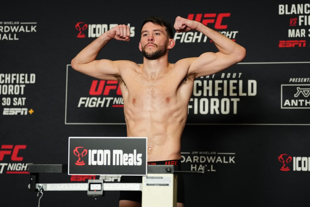 Bill Algeo poses on the scale during the UFC Fight Night official weigh-in at Harrah's Resort on March 29, 2024 in Atlantic City, New Jersey.