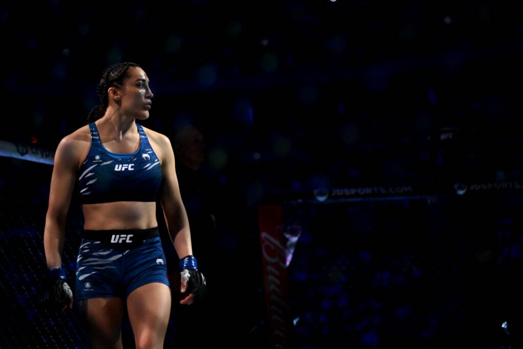 Tatiana Suarez of the US prepares to fight China's Zhang Weili during their women's strawweight title bout of the Ultimate Fighting Championship (U...