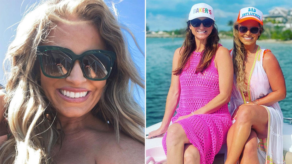 Georgia woman shown in tropical water posing with friend wearing hat that reads 'bad influence.'