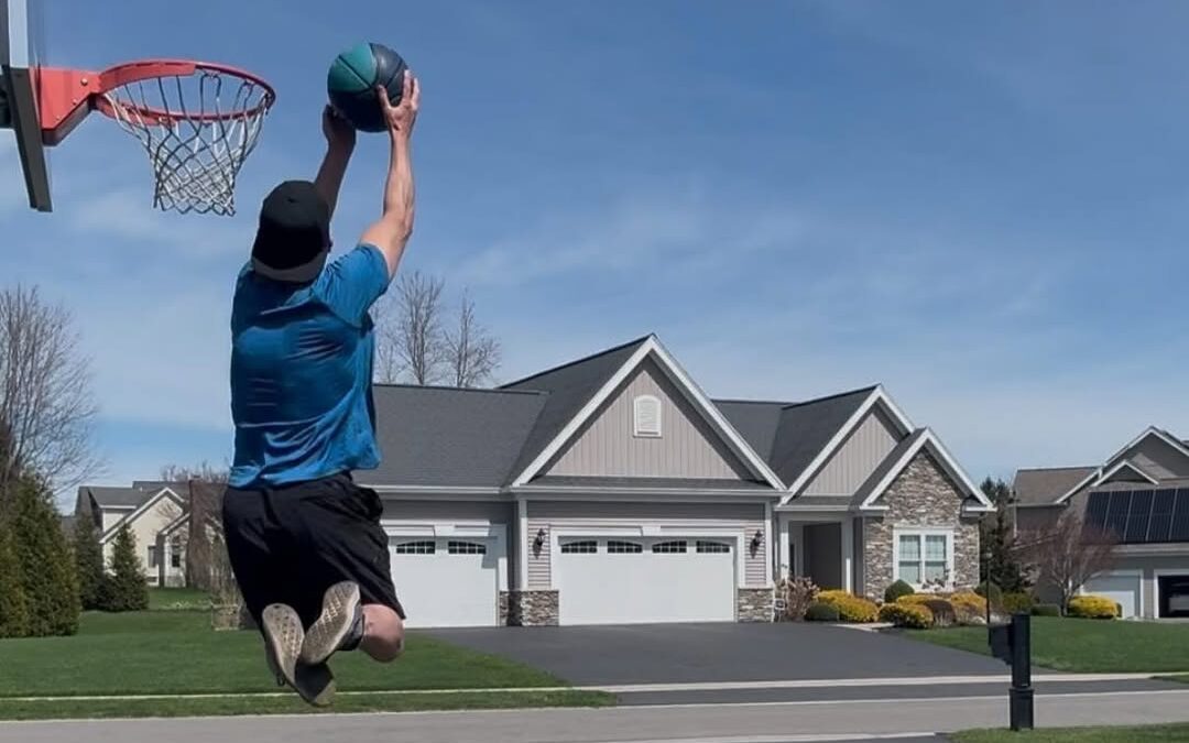 My vertical started at 18” and now it’s at 36”! Kobe Bryant’s vertical was 38” so I’m pretty close!! Rim is at 8 feet 6 …